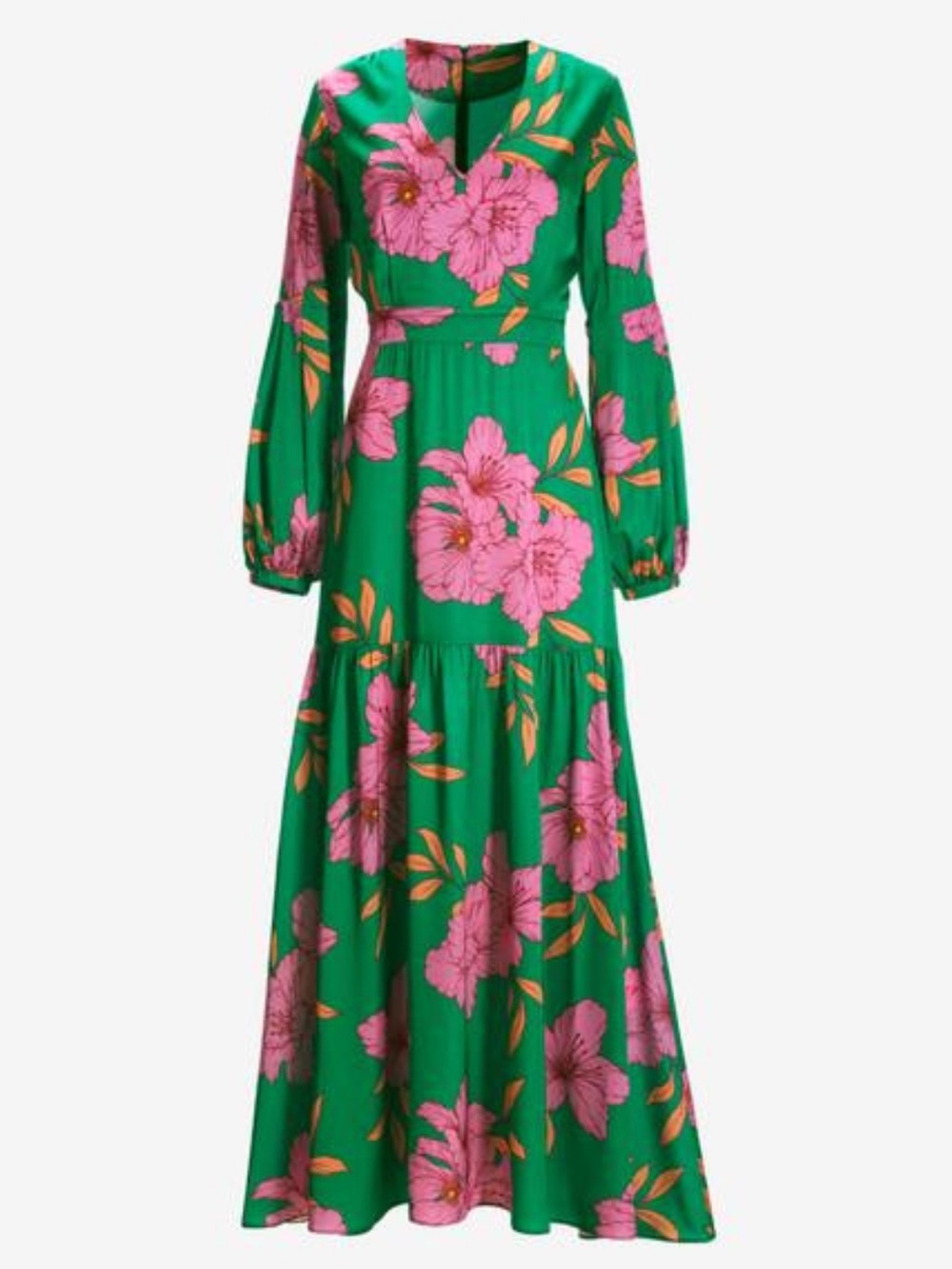 Boston Proper sz 6 Green silky Maxi Dress with tropical Pink Floral Print